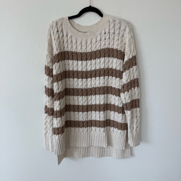 Anthropologie Pilcro Long Line Stitch Sweater Brown & White Striped Loose Knit - Picture 2 of 10